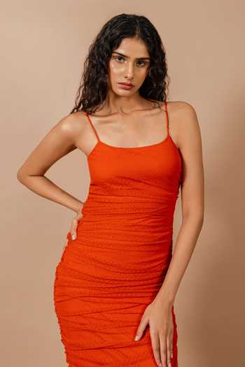 Swatee Singh Orange Crepe, Lace Square Neck Liora Polka Dress at Aza Fashions Swatee Singh_Orange Crepe, Lace Square Neck Liora Polka Dress_at_Aza_Fashions