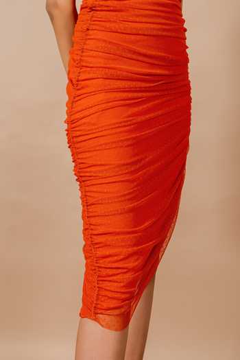 Buy Swatee Singh Orange Crepe, Lace Square Neck Liora Polka Dress Buy_Swatee Singh_Orange Crepe, Lace Square Neck Liora Polka Dress