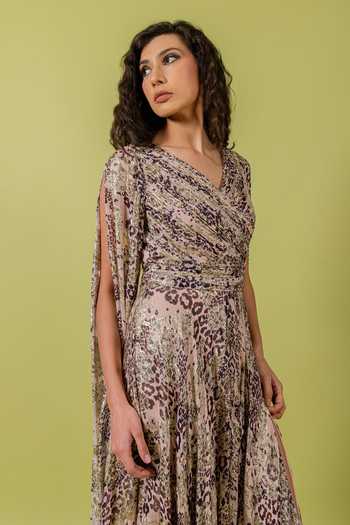 Swatee Singh_Beige Georgette Foil Printing V-neck Saphira Leopard Gown _Online_at_Aza_Fashions