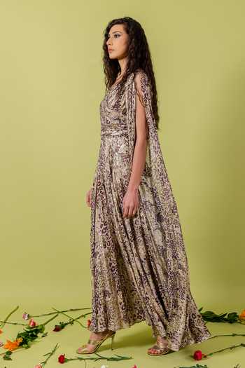 Buy_Swatee Singh_Beige Georgette Foil Printing V-neck Saphira Leopard Gown _Online_at_Aza_Fashions