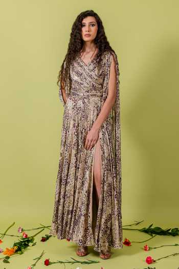 Shop_Swatee Singh_Beige Georgette Foil Printing V-neck Saphira Leopard Gown _Online_at_Aza_Fashions