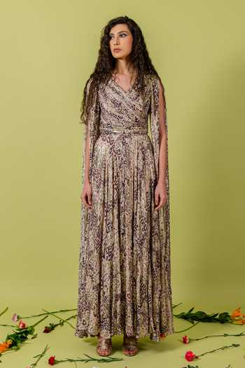 Swatee Singh_Beige Georgette Foil Printing V-neck Saphira Leopard Gown _at_Aza_Fashions