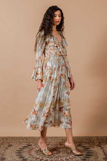 Swatee Singh_White Georgette, Crepe V-neck Bella Printed Dress _Online_at_Aza_Fashions
