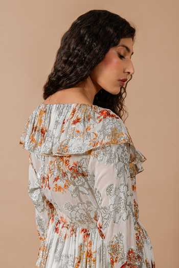 Buy_Swatee Singh_White Georgette, Crepe V-neck Bella Printed Dress _Online_at_Aza_Fashions