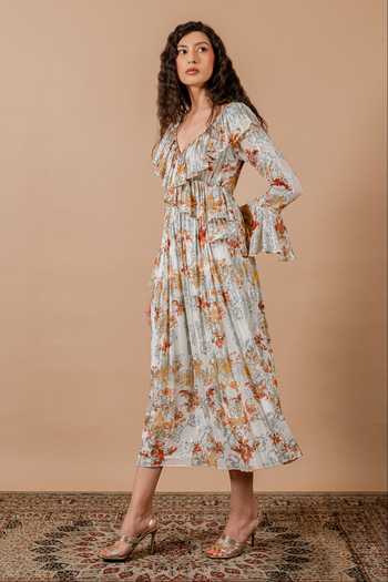 Swatee Singh_White Georgette, Crepe V-neck Bella Printed Dress _at_Aza_Fashions