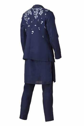 Shop Manish Nagdeo Blue Silk Embroidery, Beads Floral Embellished Bundi Kurta Set at Aza Fashions Shop_Manish Nagdeo_Blue Silk Embroidery, Beads Floral Embellished Bundi Kurta Set _at_Aza_Fashions