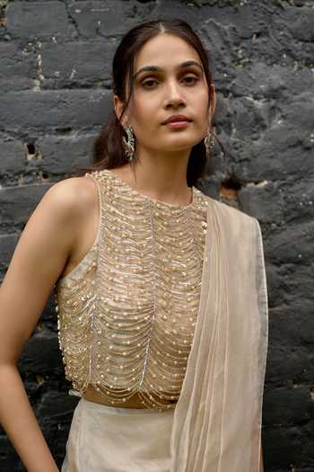 Buy Vedangi Agarwal Silver Satin, Tissue, Shantoon High Neck Pre-draped Saree And Blouse Set Online at Aza Fashions Buy_Vedangi Agarwal_Silver Satin, Tissue, Shantoon High Neck Pre-draped Saree And Blouse Set _Online_at_Aza_Fashions