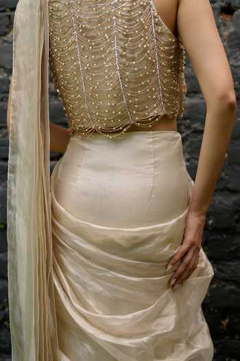 Shop Vedangi Agarwal Silver Satin, Tissue, Shantoon High Neck Pre-draped Saree And Blouse Set Online at Aza Fashions Shop_Vedangi Agarwal_Silver Satin, Tissue, Shantoon High Neck Pre-draped Saree And Blouse Set _Online_at_Aza_Fashions