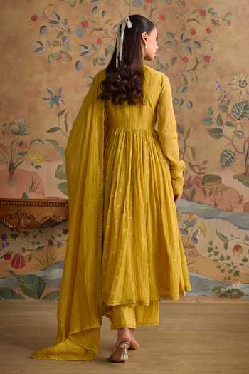Kritika Dawar Mustard Chanderi, Cotton Round Neck Evara Embroidered Anarkali Set Online at Aza Fashions Kritika Dawar_Mustard Chanderi, Cotton Round Neck Evara Embroidered Anarkali Set _Online_at_Aza_Fashions