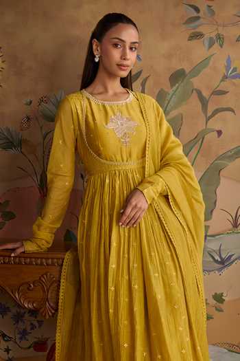 Buy Kritika Dawar Mustard Chanderi, Cotton Round Neck Evara Embroidered Anarkali Set Online at Aza Fashions Buy_Kritika Dawar_Mustard Chanderi, Cotton Round Neck Evara Embroidered Anarkali Set _Online_at_Aza_Fashions
