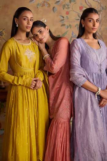 Buy Kritika Dawar Mustard Chanderi, Cotton Round Neck Evara Embroidered Anarkali Set Buy_Kritika Dawar_Mustard Chanderi, Cotton Round Neck Evara Embroidered Anarkali Set