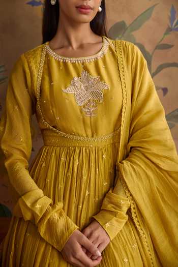 Shop Kritika Dawar Mustard Chanderi, Cotton Round Neck Evara Embroidered Anarkali Set Shop_Kritika Dawar_Mustard Chanderi, Cotton Round Neck Evara Embroidered Anarkali Set