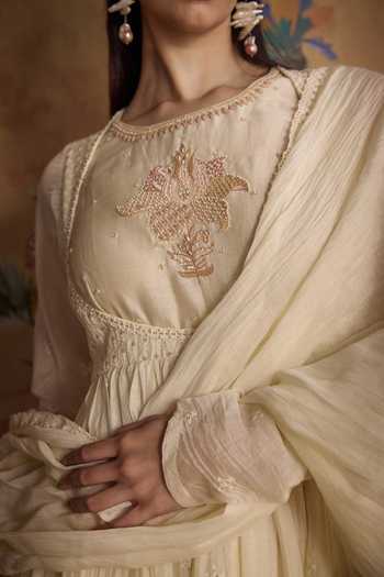 Shop_Kritika Dawar_Ivory Chanderi, Cotton Round Neck Evara Hand Embroidered Anarkali Set _Online_at_Aza_Fashions