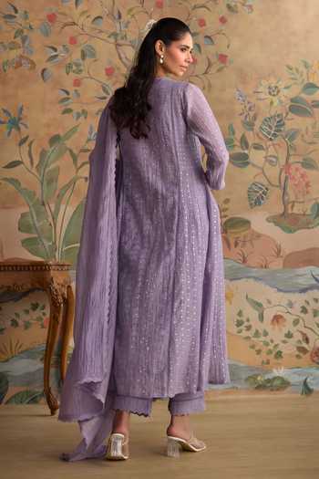Shop Kritika Dawar Lilac Chanderi, Cotton Split V-neck Saanjh Embroidered Kurta And Pant Set at Aza Fashions Shop_Kritika Dawar_Lilac Chanderi, Cotton Split V-neck Saanjh Embroidered Kurta And Pant Set _at_Aza_Fashions