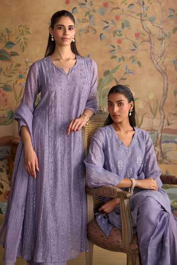 Shop Kritika Dawar Lilac Chanderi, Cotton Split V-neck Saanjh Embroidered Kurta And Pant Set Online at Aza Fashions Shop_Kritika Dawar_Lilac Chanderi, Cotton Split V-neck Saanjh Embroidered Kurta And Pant Set _Online_at_Aza_Fashions