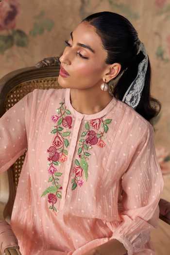 Buy Kritika Dawar Pink Chanderi, Cotton Round Neck Ziya Kurta And Pant Set Online at Aza Fashions Buy_Kritika Dawar_Pink Chanderi, Cotton Round Neck Ziya Kurta And Pant Set _Online_at_Aza_Fashions