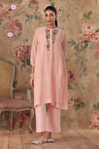 Shop Kritika Dawar Pink Chanderi, Cotton Round Neck Ziya Kurta And Pant Set Online at Aza Fashions Shop_Kritika Dawar_Pink Chanderi, Cotton Round Neck Ziya Kurta And Pant Set _Online_at_Aza_Fashions