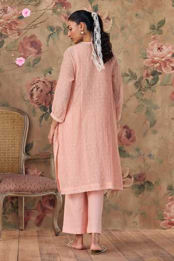 Shop Kritika Dawar Pink Chanderi, Cotton Round Neck Ziya Kurta And Pant Set at Aza Fashions Shop_Kritika Dawar_Pink Chanderi, Cotton Round Neck Ziya Kurta And Pant Set _at_Aza_Fashions