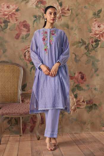 Shop Kritika Dawar Lilac Chanderi, Cotton Mandarin Collar, Yes Ziya Aanar Embroidered Kurta Set Online at Aza Fashions Shop_Kritika Dawar_Lilac Chanderi, Cotton Mandarin Collar, Yes Ziya Aanar Embroidered Kurta Set _Online_at_Aza_Fashions
