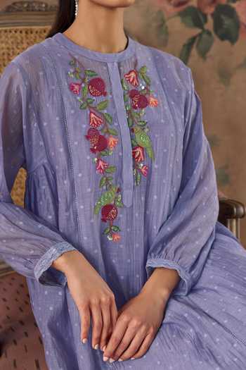 Shop Kritika Dawar Lilac Chanderi, Cotton Mandarin Collar, Yes Ziya Aanar Embroidered Kurta Set Shop_Kritika Dawar_Lilac Chanderi, Cotton Mandarin Collar, Yes Ziya Aanar Embroidered Kurta Set