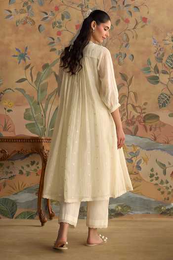 Kritika Dawar Ivory Chanderi, Cotton Mandarin Collar, Aayra Hand Embroidered Kurta And Pant Set Online at Aza Fashions Kritika Dawar_Ivory Chanderi, Cotton Mandarin Collar, Aayra Hand Embroidered Kurta And Pant Set _Online_at_Aza_Fashions