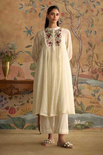 Buy Kritika Dawar Ivory Chanderi, Cotton Mandarin Collar, Aayra Hand Embroidered Kurta And Pant Set Buy_Kritika Dawar_Ivory Chanderi, Cotton Mandarin Collar, Aayra Hand Embroidered Kurta And Pant Set