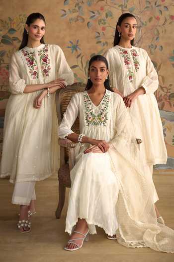 Shop Kritika Dawar Ivory Chanderi, Cotton Mandarin Collar, Aayra Hand Embroidered Kurta And Pant Set Shop_Kritika Dawar_Ivory Chanderi, Cotton Mandarin Collar, Aayra Hand Embroidered Kurta And Pant Set