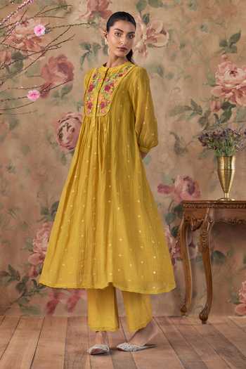 Buy_Kritika Dawar_Mustard Chanderi, Cotton Round Neck Aayra Hand Embroidered Kurta Set _Online_at_Aza_Fashions
