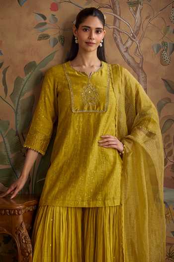 Shop Kritika Dawar Yellow Chanderi, Organza V-neck Ruh Embroidered Kurta And Gharara Set Online at Aza Fashions Shop_Kritika Dawar_Yellow Chanderi, Organza V-neck Ruh Embroidered Kurta And Gharara Set _Online_at_Aza_Fashions