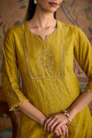 Kritika Dawar Yellow Chanderi, Organza V-neck Ruh Embroidered Kurta And Gharara Set at Aza Fashions Kritika Dawar_Yellow Chanderi, Organza V-neck Ruh Embroidered Kurta And Gharara Set _at_Aza_Fashions