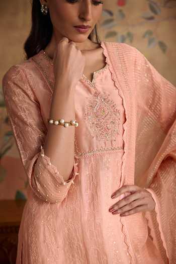 Buy Kritika Dawar Pink Chanderi, Organza Split V-neck Ruh Embroidered Kurta And Gharara Set Online at Aza Fashions Buy_Kritika Dawar_Pink Chanderi, Organza Split V-neck Ruh Embroidered Kurta And Gharara Set _Online_at_Aza_Fashions