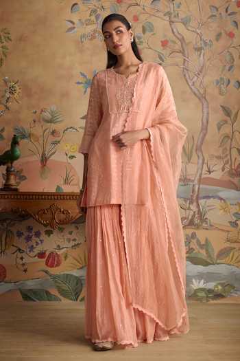 Kritika Dawar Pink Chanderi, Organza Split V-neck Ruh Embroidered Kurta And Gharara Set at Aza Fashions Kritika Dawar_Pink Chanderi, Organza Split V-neck Ruh Embroidered Kurta And Gharara Set _at_Aza_Fashions