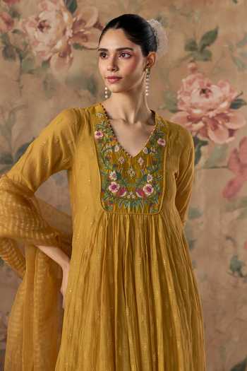 Buy Kritika Dawar Mustard Chanderi, Cotton, Organza V-neck Chirai Embroidered Kurta And Pant Set Online at Aza Fashions Buy_Kritika Dawar_Mustard Chanderi, Cotton, Organza V-neck Chirai Embroidered Kurta And Pant Set _Online_at_Aza_Fashions