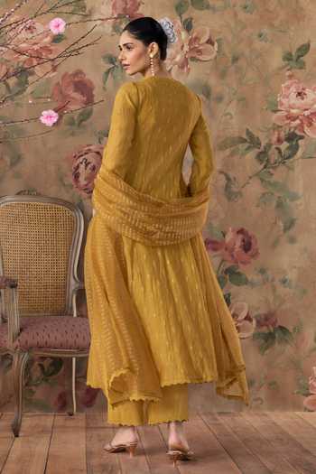 Kritika Dawar Mustard Chanderi, Cotton, Organza V-neck Chirai Embroidered Kurta And Pant Set Online at Aza Fashions Kritika Dawar_Mustard Chanderi, Cotton, Organza V-neck Chirai Embroidered Kurta And Pant Set _Online_at_Aza_Fashions