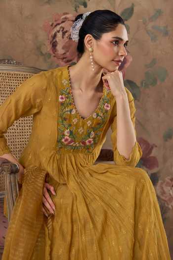 Shop Kritika Dawar Mustard Chanderi, Cotton, Organza V-neck Chirai Embroidered Kurta And Pant Set Online at Aza Fashions Shop_Kritika Dawar_Mustard Chanderi, Cotton, Organza V-neck Chirai Embroidered Kurta And Pant Set _Online_at_Aza_Fashions