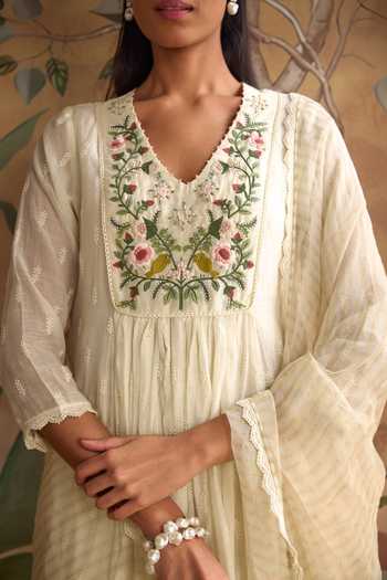 Buy Kritika Dawar Ivory Chanderi, Cotton, Organza V-neck Chirai Hand Embroidered A-line Kurta Set Online at Aza Fashions Buy_Kritika Dawar_Ivory Chanderi, Cotton, Organza V-neck Chirai Hand Embroidered A-line Kurta Set _Online_at_Aza_Fashions
