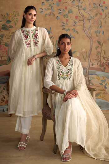 Shop Kritika Dawar Ivory Chanderi, Cotton, Organza V-neck Chirai Hand Embroidered A-line Kurta Set Online at Aza Fashions Shop_Kritika Dawar_Ivory Chanderi, Cotton, Organza V-neck Chirai Hand Embroidered A-line Kurta Set _Online_at_Aza_Fashions