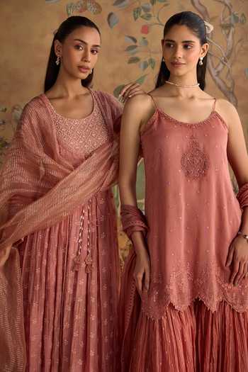 Shop Kritika Dawar Pink Chanderi Scoop Neck Safa Embroidered Kurta And Pant Set Shop_Kritika Dawar_Pink Chanderi Scoop Neck Safa Embroidered Kurta And Pant Set