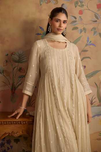 Buy Kritika Dawar Ivory Chanderi, Cotton Round Neck Arohi Hand Embroidered Kurta Set Online at Aza Fashions Buy_Kritika Dawar_Ivory Chanderi, Cotton Round Neck Arohi Hand Embroidered Kurta Set _Online_at_Aza_Fashions