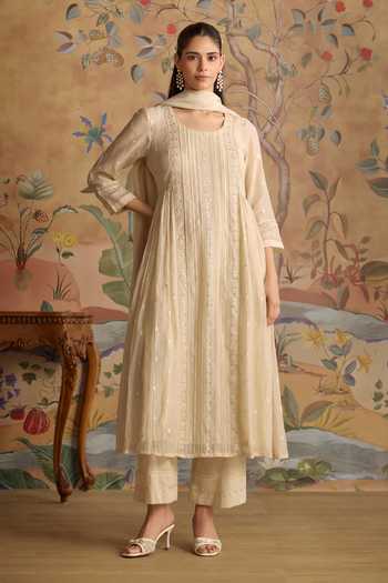 Shop Kritika Dawar Ivory Chanderi, Cotton Round Neck Arohi Hand Embroidered Kurta Set Online at Aza Fashions Shop_Kritika Dawar_Ivory Chanderi, Cotton Round Neck Arohi Hand Embroidered Kurta Set _Online_at_Aza_Fashions