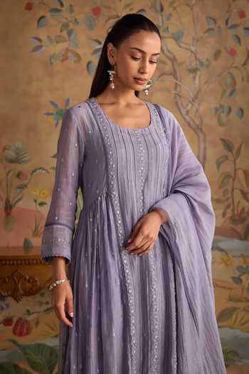 Shop Kritika Dawar Lavender Chanderi, Cotton Round Neck Arohi Kurta And Pant Set Online at Aza Fashions Shop_Kritika Dawar_Lavender Chanderi, Cotton Round Neck Arohi Kurta And Pant Set _Online_at_Aza_Fashions