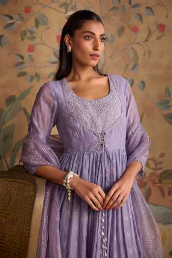 Shop Kritika Dawar Lilac Chanderi, Cotton, Organza Scoop Neck Falak Hand Embroidered Kurta Set Online at Aza Fashions Shop_Kritika Dawar_Lilac Chanderi, Cotton, Organza Scoop Neck Falak Hand Embroidered Kurta Set _Online_at_Aza_Fashions