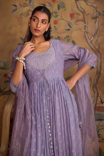 Kritika Dawar Lilac Chanderi, Cotton, Organza Scoop Neck Falak Hand Embroidered Kurta Set at Aza Fashions Kritika Dawar_Lilac Chanderi, Cotton, Organza Scoop Neck Falak Hand Embroidered Kurta Set _at_Aza_Fashions