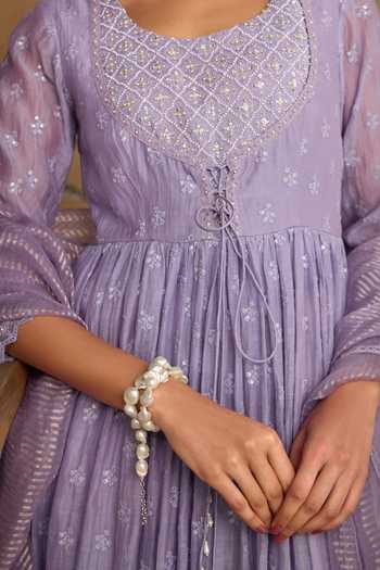 Buy Kritika Dawar Lilac Chanderi, Cotton, Organza Scoop Neck Falak Hand Embroidered Kurta Set Buy_Kritika Dawar_Lilac Chanderi, Cotton, Organza Scoop Neck Falak Hand Embroidered Kurta Set