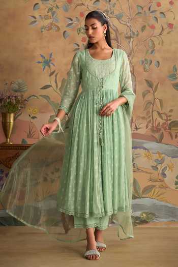 Kritika Dawar Green Chanderi, Cotton, Organza Scoop Neck, Falak Hand Embroidered Anarkali Set Online at Aza Fashions Kritika Dawar_Green Chanderi, Cotton, Organza Scoop Neck, Falak Hand Embroidered Anarkali Set _Online_at_Aza_Fashions