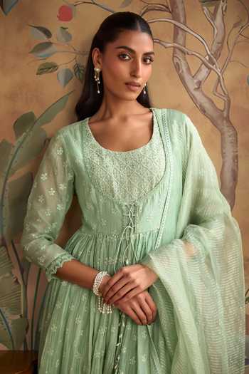 Buy Kritika Dawar Green Chanderi, Cotton, Organza Scoop Neck, Falak Hand Embroidered Anarkali Set Online at Aza Fashions Buy_Kritika Dawar_Green Chanderi, Cotton, Organza Scoop Neck, Falak Hand Embroidered Anarkali Set _Online_at_Aza_Fashions