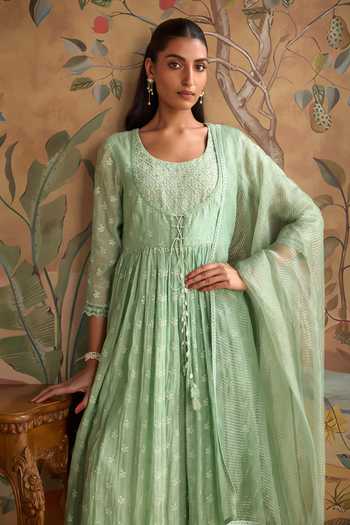 Shop Kritika Dawar Green Chanderi, Cotton, Organza Scoop Neck, Falak Hand Embroidered Anarkali Set Online at Aza Fashions Shop_Kritika Dawar_Green Chanderi, Cotton, Organza Scoop Neck, Falak Hand Embroidered Anarkali Set _Online_at_Aza_Fashions