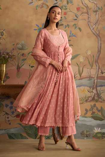 Shop Kritika Dawar Pink Chanderi, Cotton, Organza Scoop Neck Falak Hand Embroidered Anarkali Set Online at Aza Fashions Shop_Kritika Dawar_Pink Chanderi, Cotton, Organza Scoop Neck Falak Hand Embroidered Anarkali Set _Online_at_Aza_Fashions