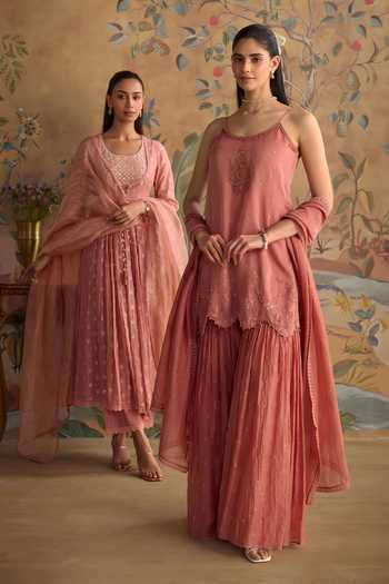 Kritika Dawar Pink Chanderi, Cotton, Organza Scoop Neck Falak Hand Embroidered Anarkali Set at Aza Fashions Kritika Dawar_Pink Chanderi, Cotton, Organza Scoop Neck Falak Hand Embroidered Anarkali Set _at_Aza_Fashions