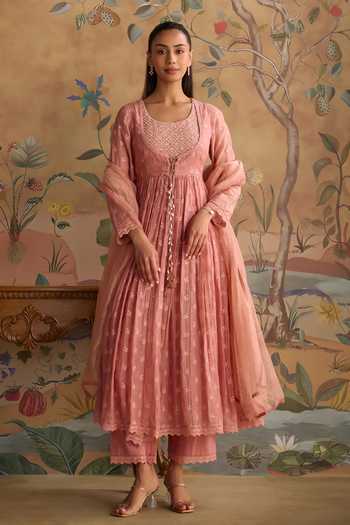 Buy Kritika Dawar Pink Chanderi, Cotton, Organza Scoop Neck Falak Hand Embroidered Anarkali Set Buy_Kritika Dawar_Pink Chanderi, Cotton, Organza Scoop Neck Falak Hand Embroidered Anarkali Set